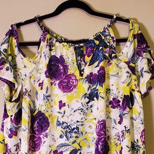 Bold floral "cold shoulder" blouse with double keyholes (front and back)